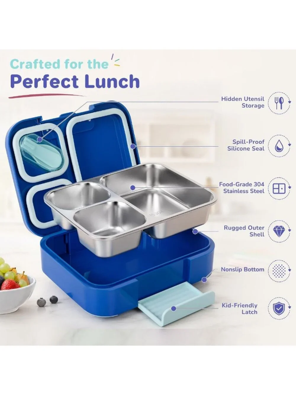 Durable Kids Bento Lunch Box - 3 Compartment Stainless Steel Food Container